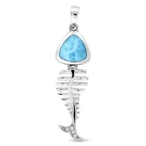 Sterling Silver Larimar and White Sapphire Bone Fish 21 inch Necklace