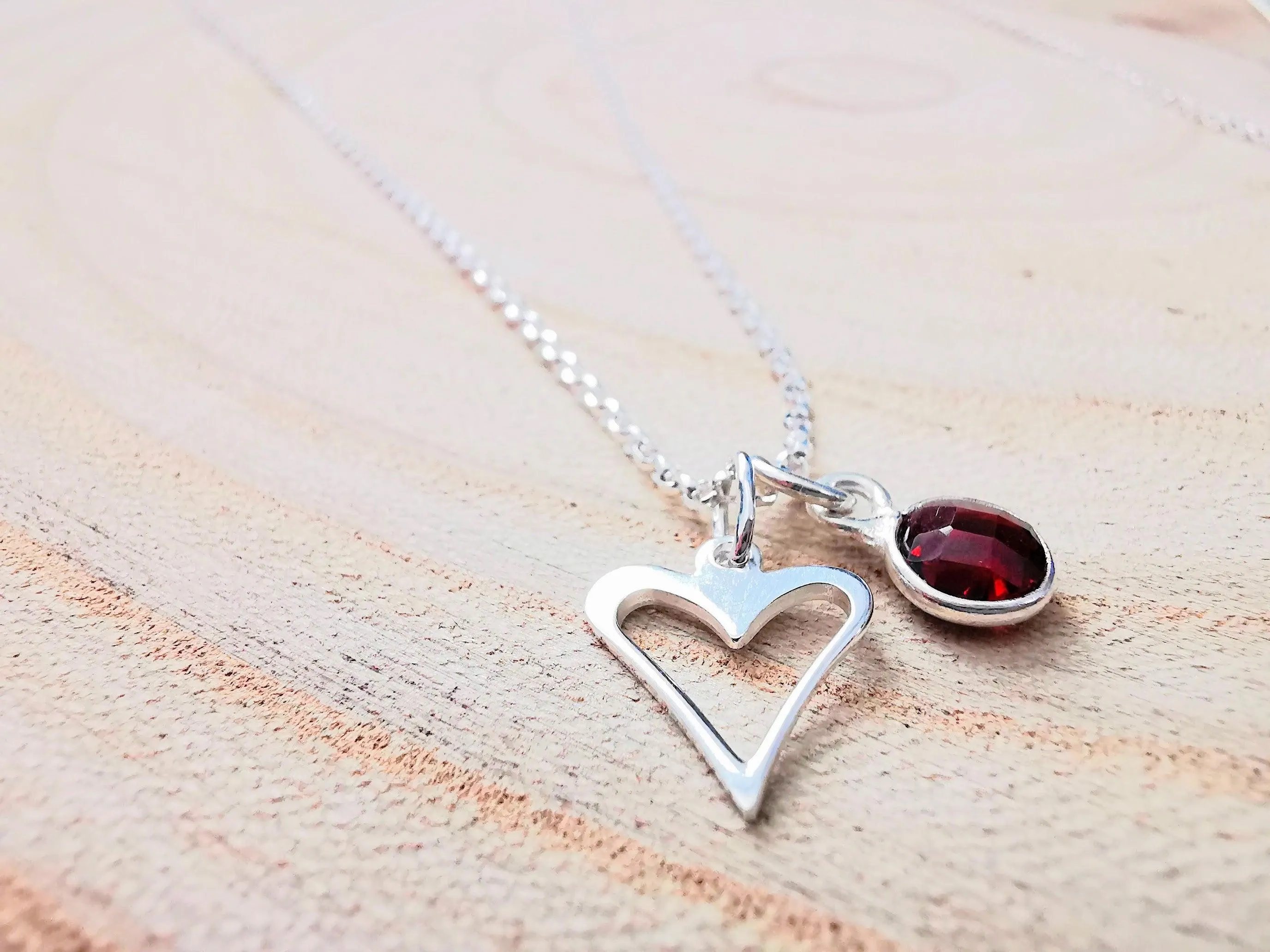 Sterling Silver Open Heart and Gemstone Necklace