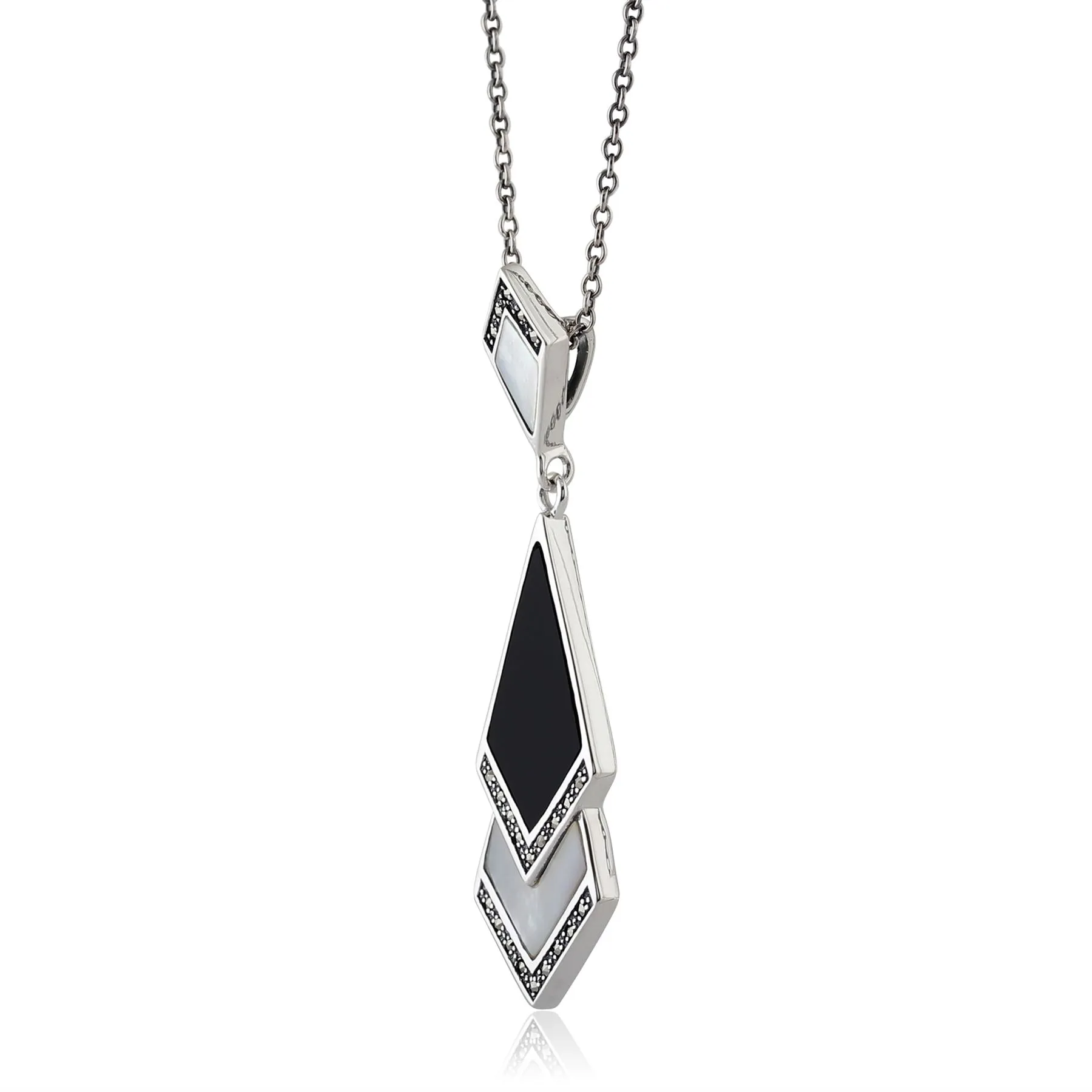 Sterlingsilber 1.5ct Perlmutter, 2CT Onyx & 0.16ct ct Markasit Kunst Deko 45cm Halskette