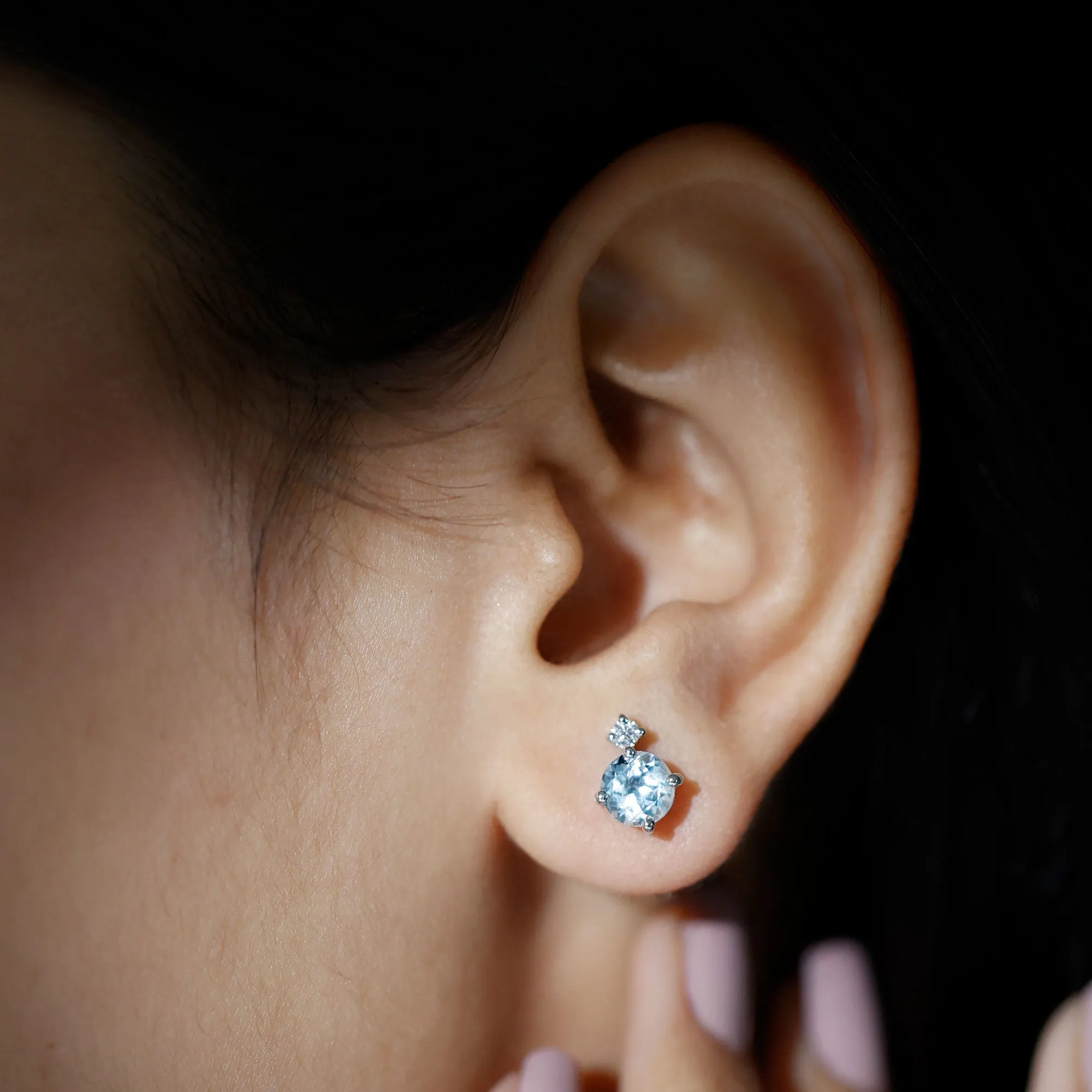 Swiss Blue Topaz Solitaire Stud Earrings with Moissanite