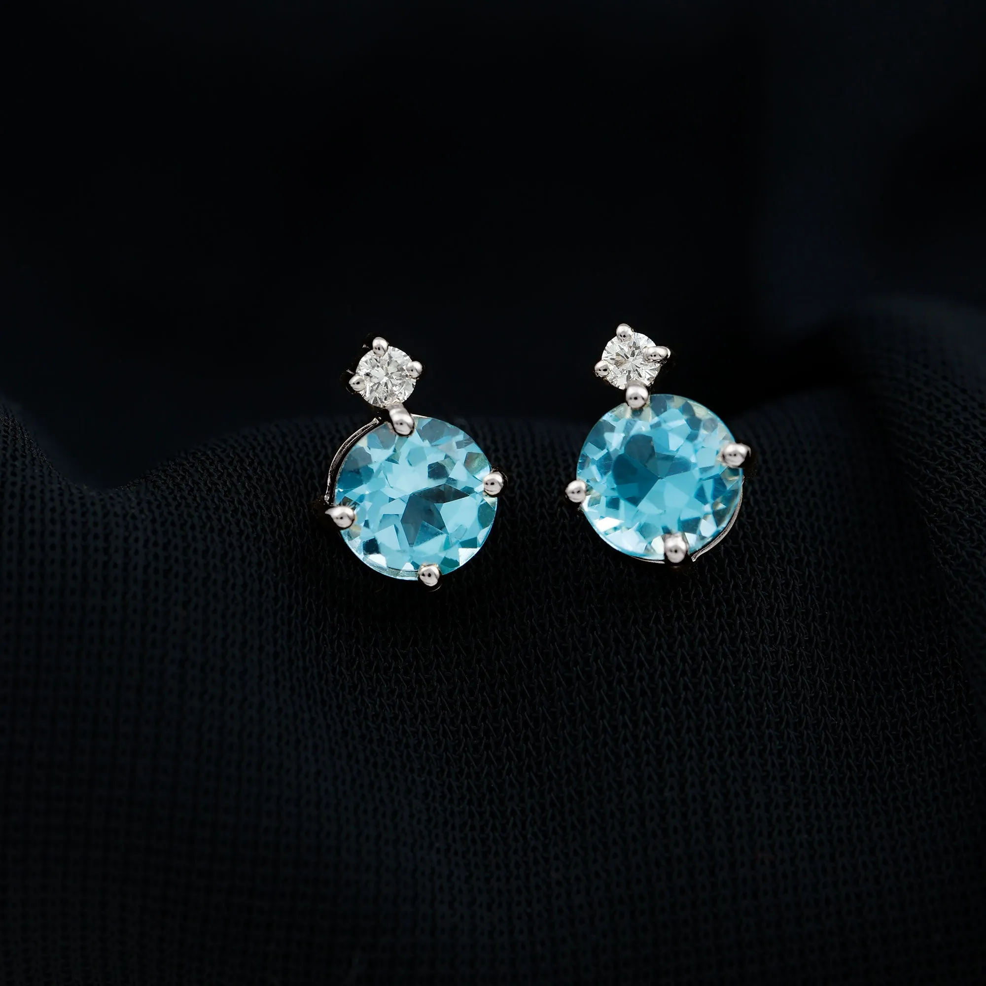 Swiss Blue Topaz Solitaire Stud Earrings with Moissanite