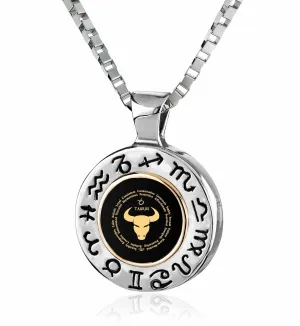 Taurus Sign, 925 Sterling Silver with 14K Gold Necklace, Onyx