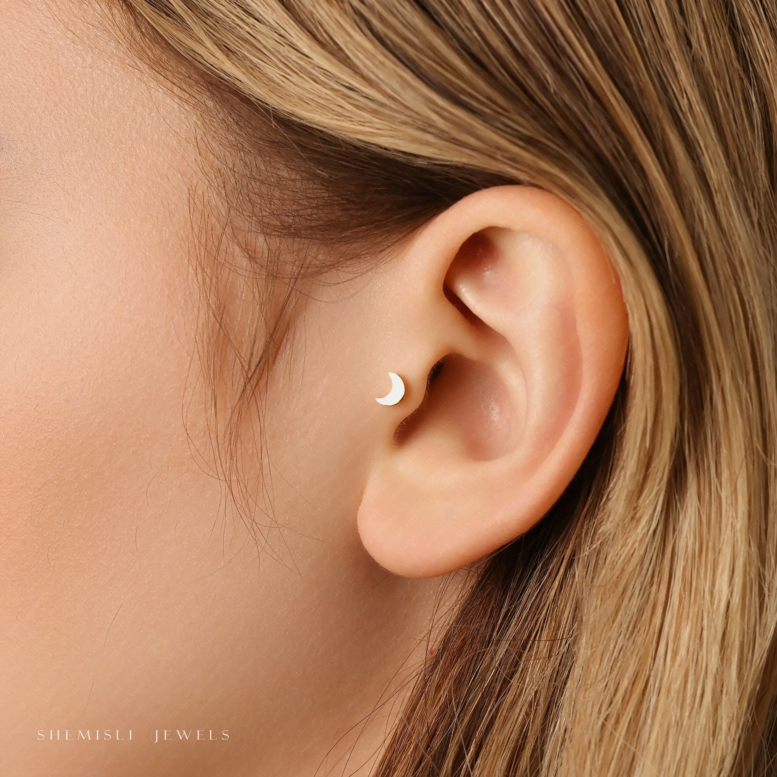 Tiny Moon Threadless Flat Back Tragus Stud, 20,18,16ga, 5-10mm, Unisex, Surgical Steel, SHEMISLI SS568