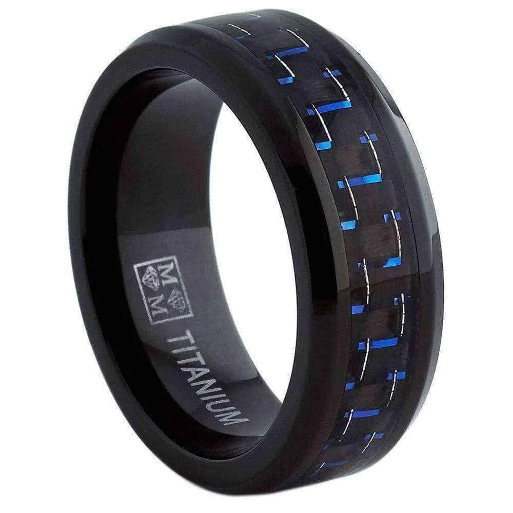 Titanium rings -Oliveti Black Men's Black and Blue Carbon Fiber Comfort Fit Band (8mm)