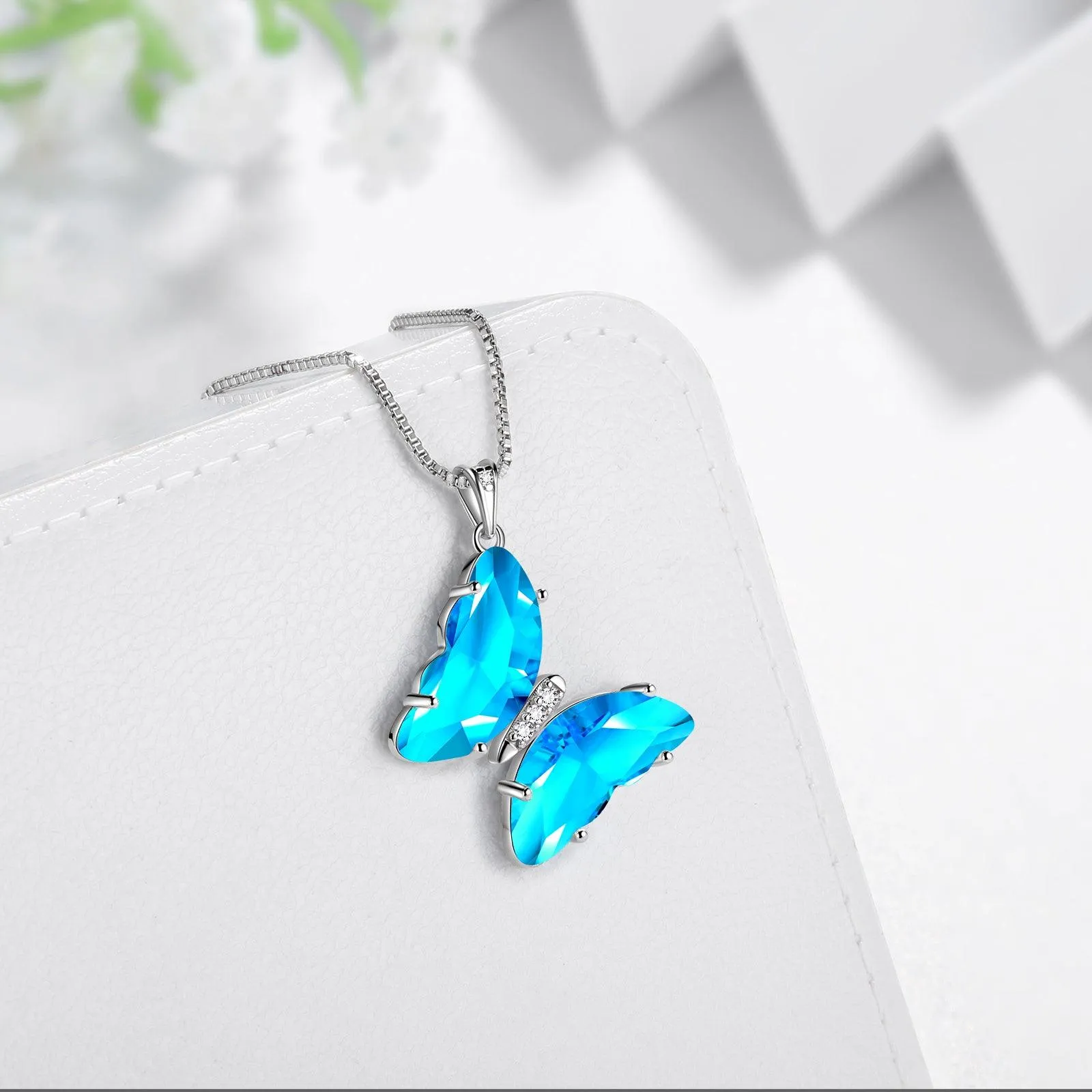 Tokyo Mart Blue Butterfly Necklace March Aquamarine Birthstone Pendant Women Girls Jewelry Birthday Gift