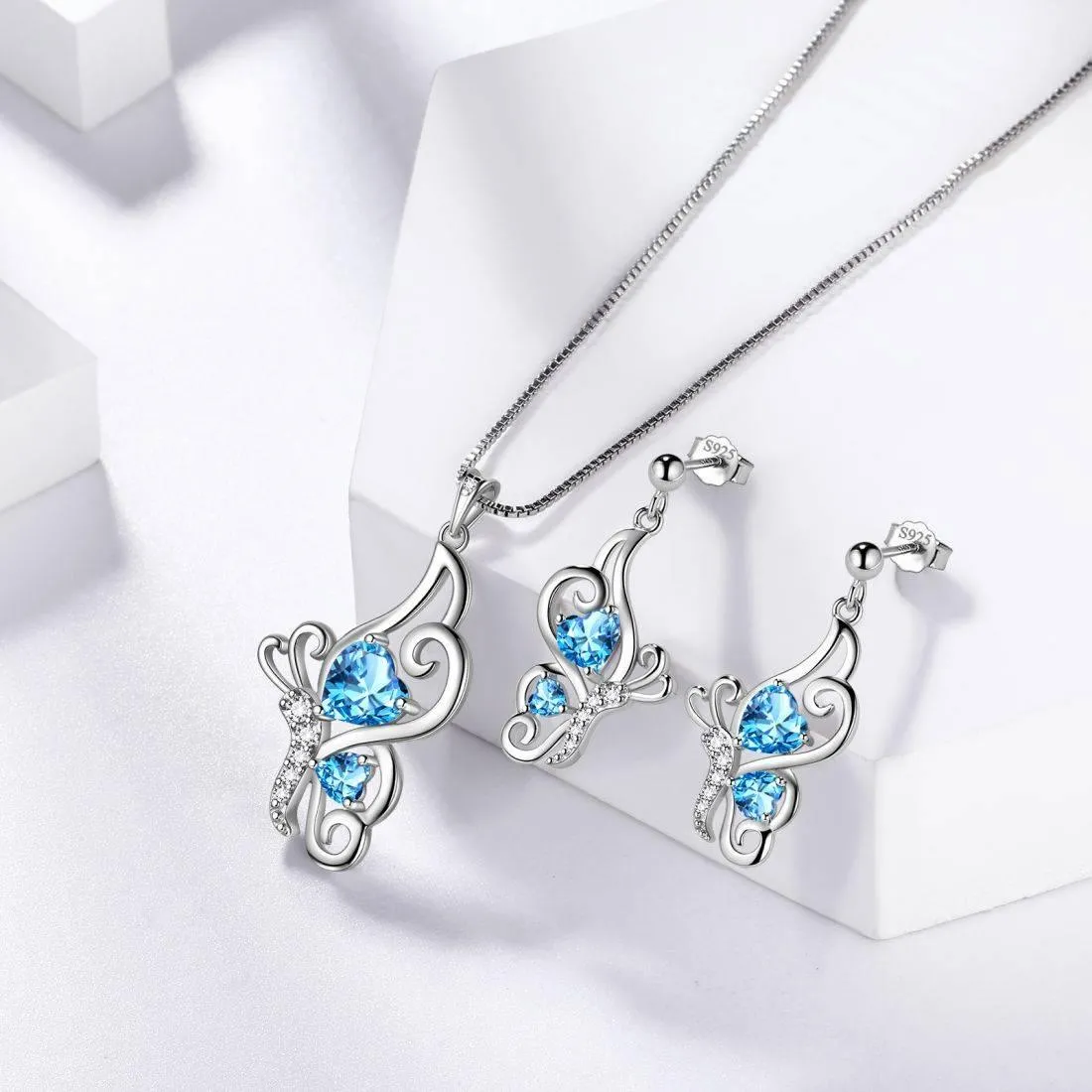 Tokyo Mart Butterfly Birthstone March Aquamarine Jewelry Set 3PCS Women Girls Birthday Gift