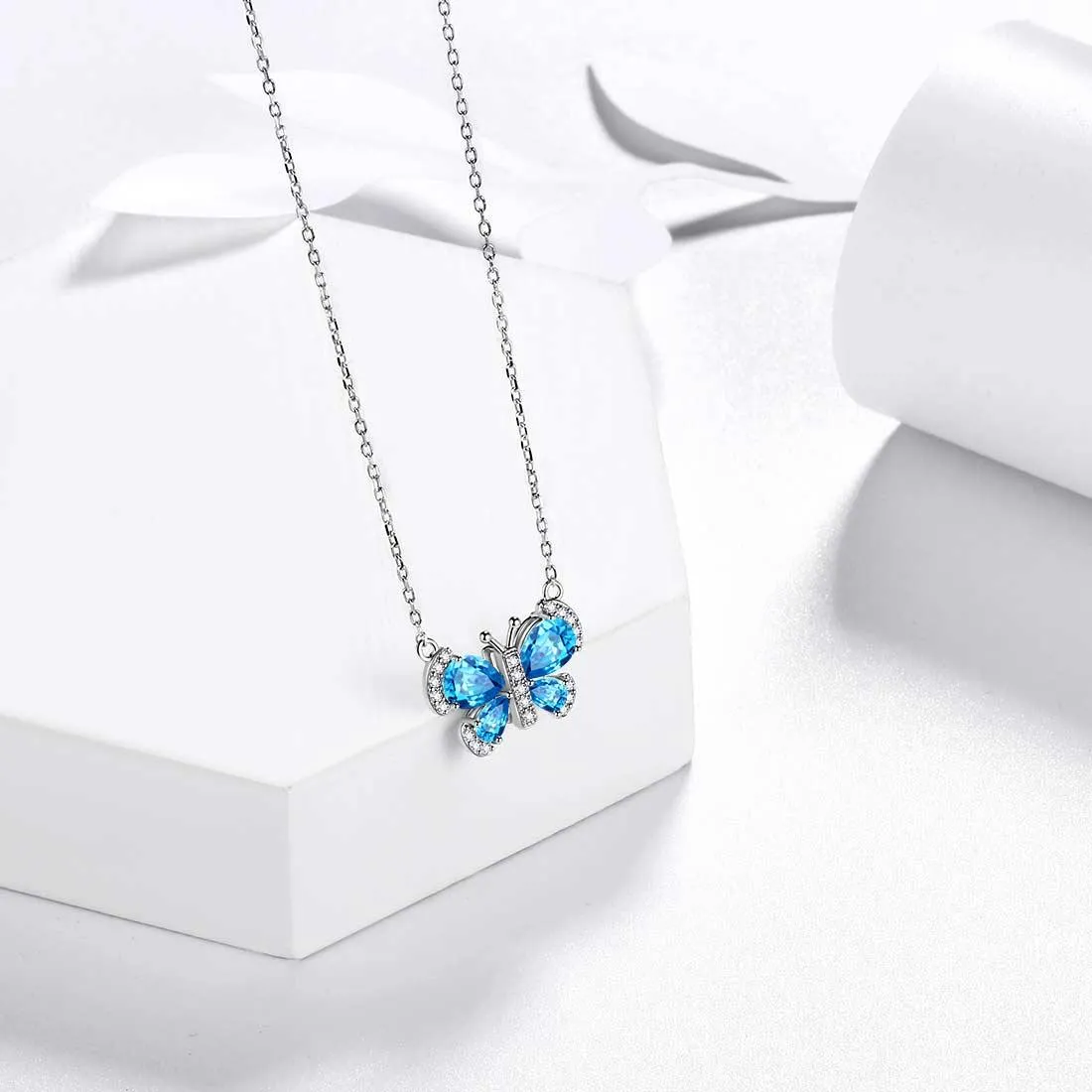 Tokyo Mart Butterfly Necklace Birthstone March Aquamarine Pendant Women Girls Jewelry Birthday Gift