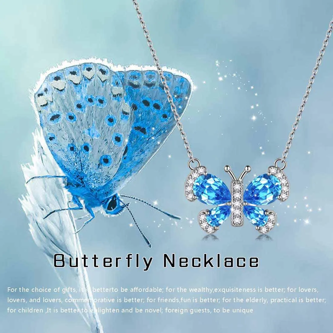 Tokyo Mart Butterfly Necklace Birthstone March Aquamarine Pendant Women Girls Jewelry Birthday Gift