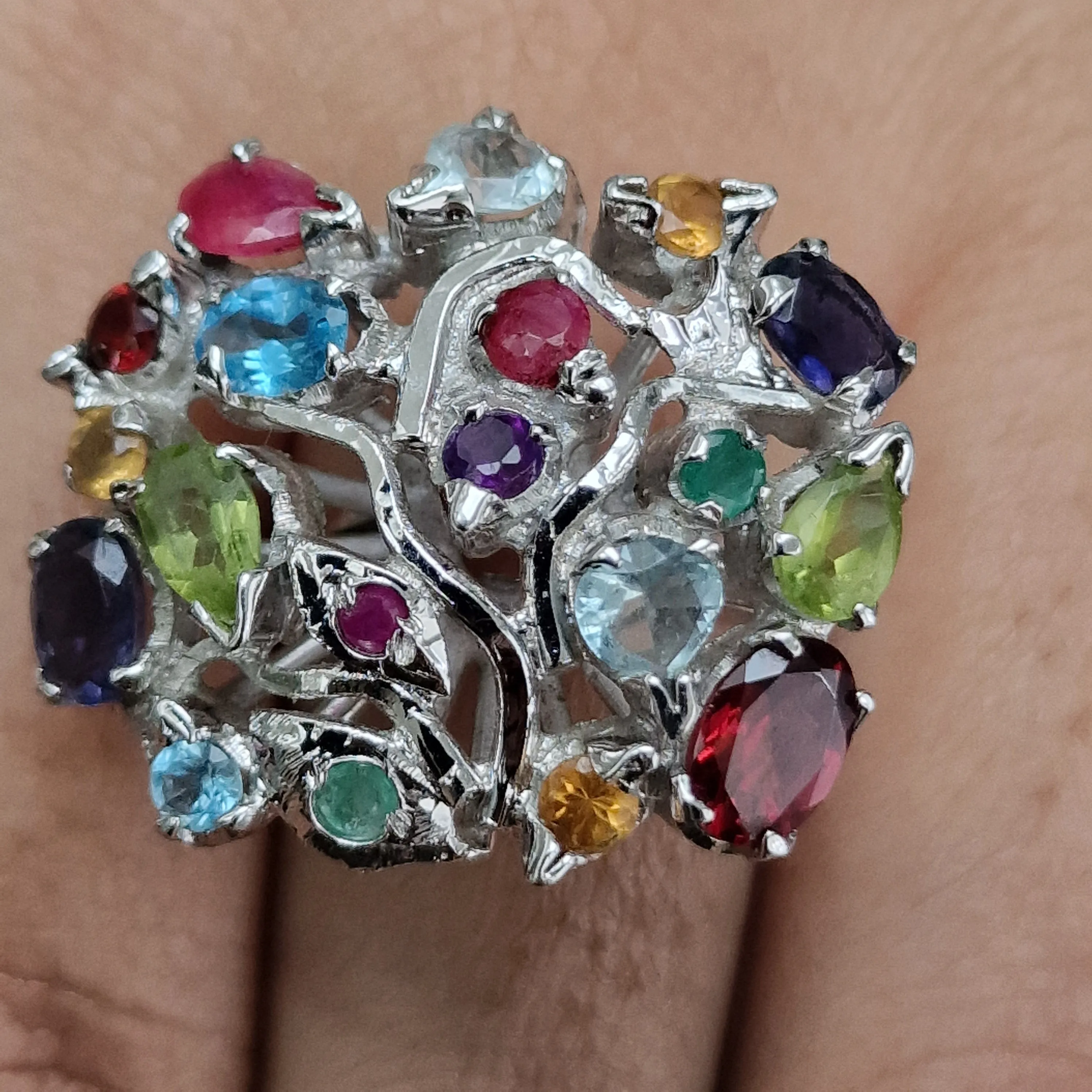 Tree of Life Multi Gemstone 925 Sterling Silver Ring