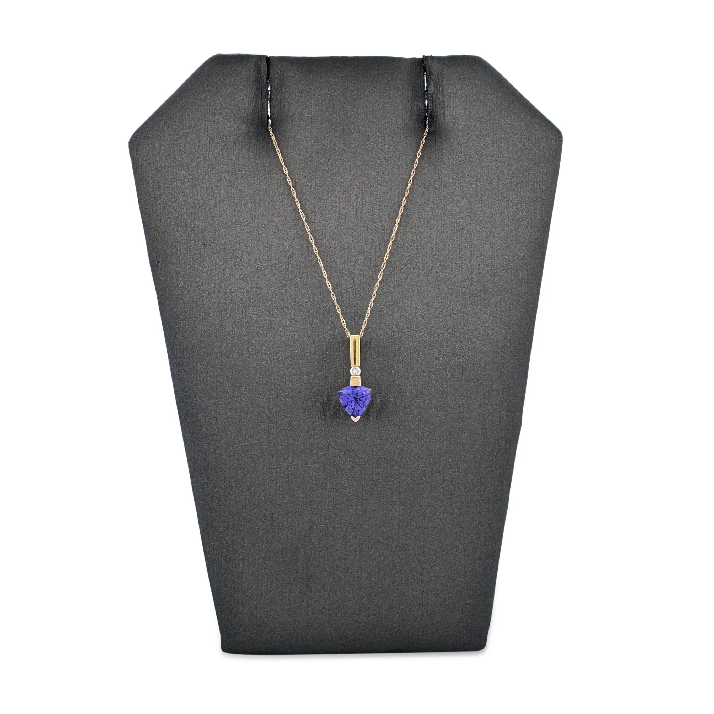 Trillion Tanzanite and Round Brilliant Diamond Pendant Necklace in 14k Yellow Gold