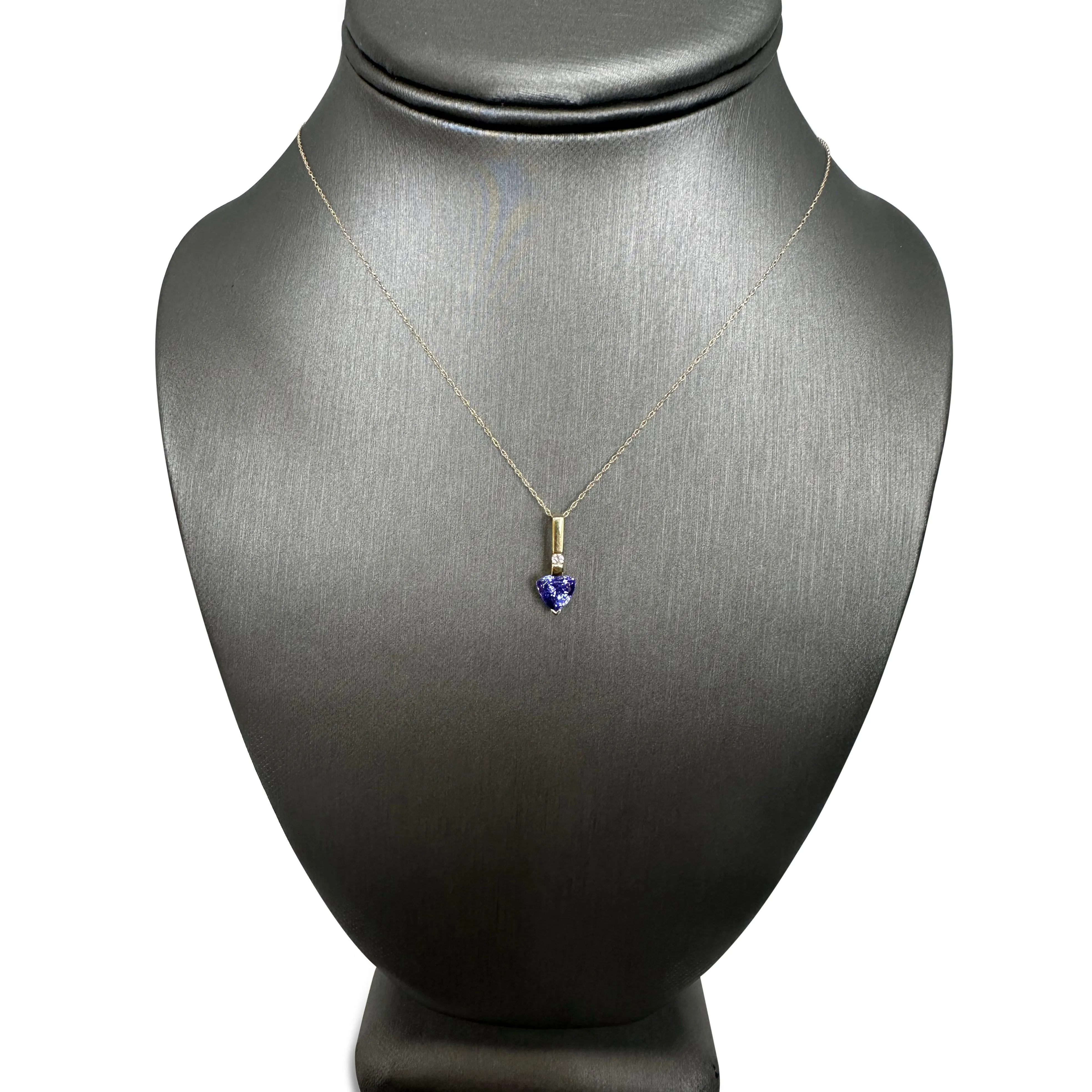 Trillion Tanzanite and Round Brilliant Diamond Pendant Necklace in 14k Yellow Gold