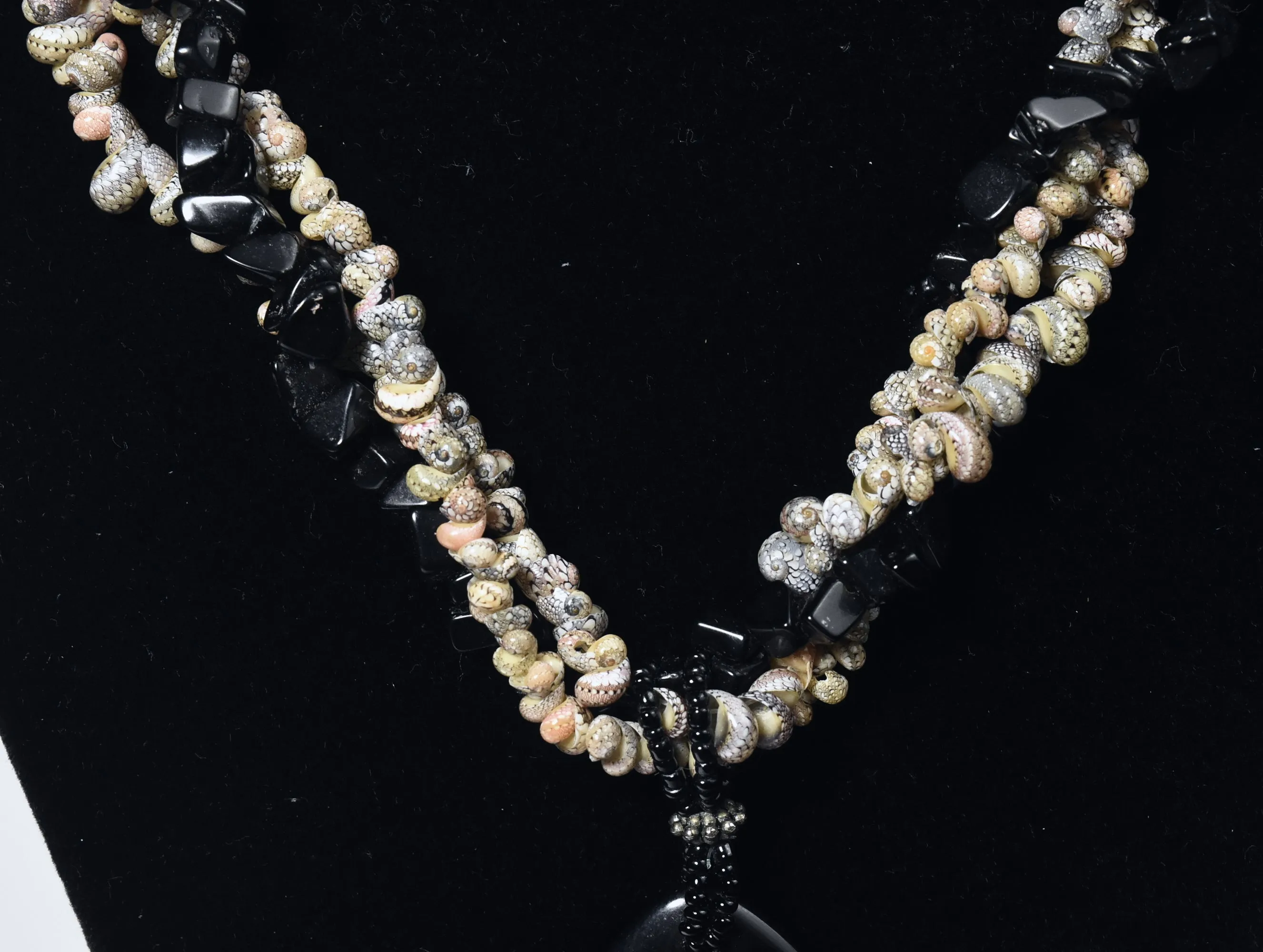 Triple Strand Shell and Black Onyx Necklace with Black Onyx Pendant