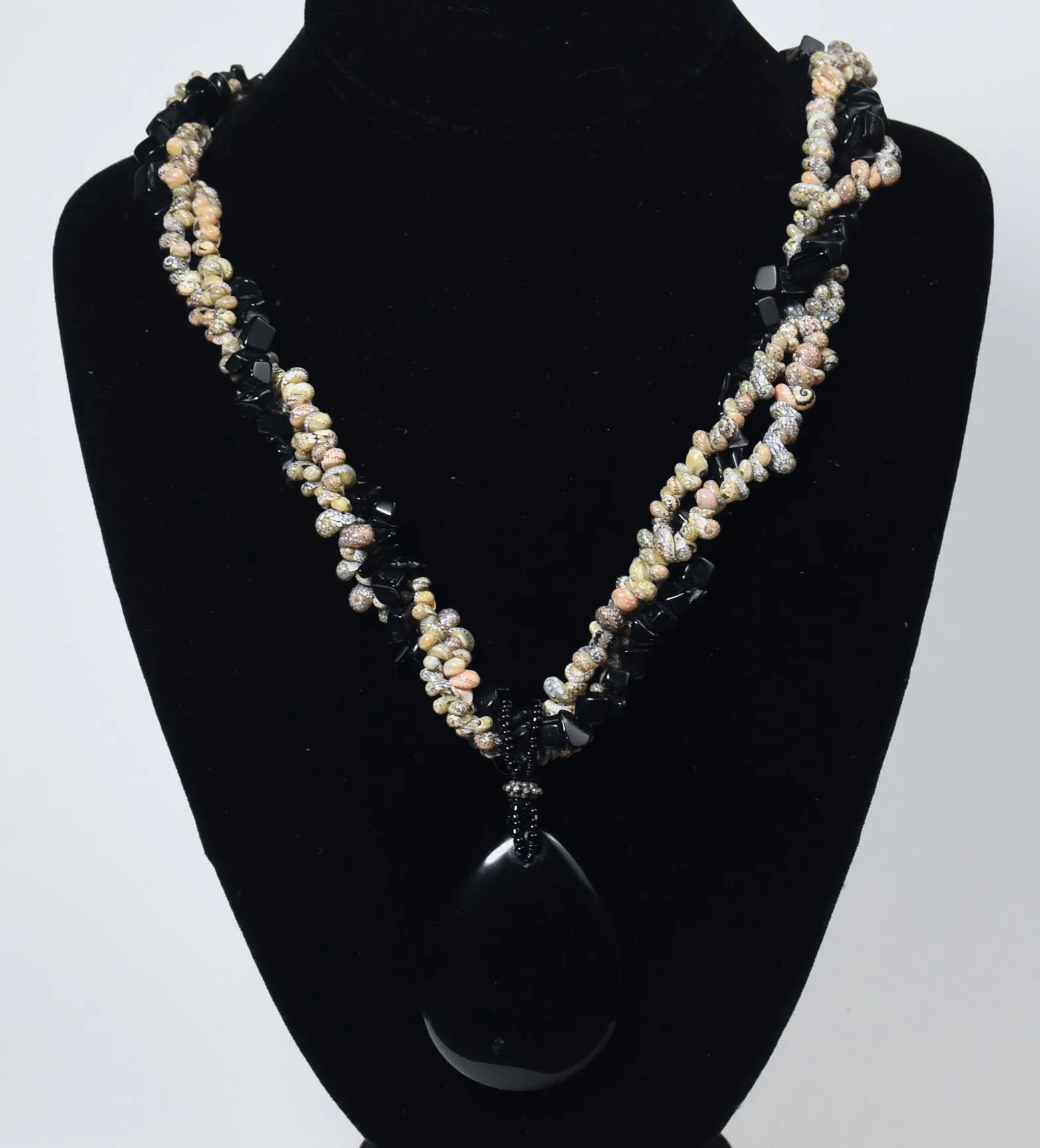 Triple Strand Shell and Black Onyx Necklace with Black Onyx Pendant