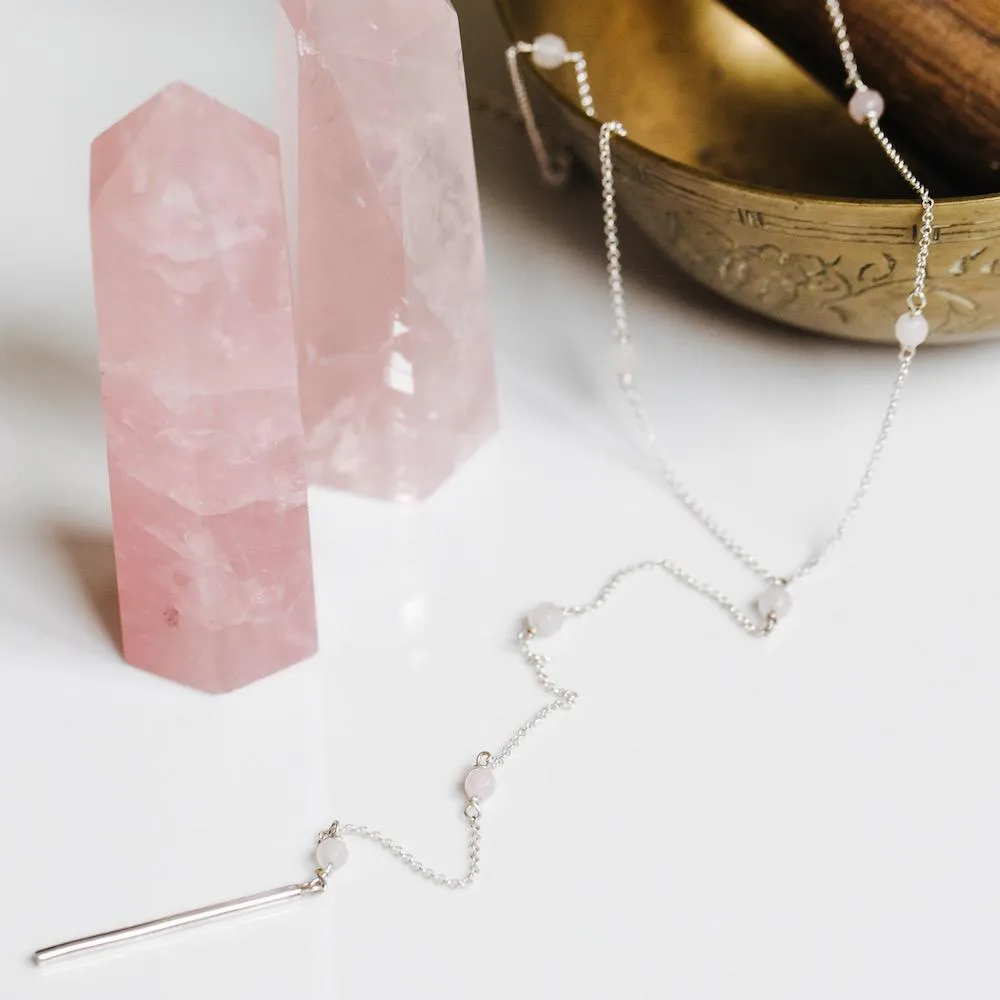 True Clarity Tie Silver Necklace with Natural Rose Quartz and Sterling Silver