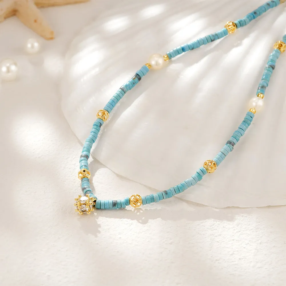 Turquoise Natural Stone Colorful Boho Seed Bead Necklace with CZ