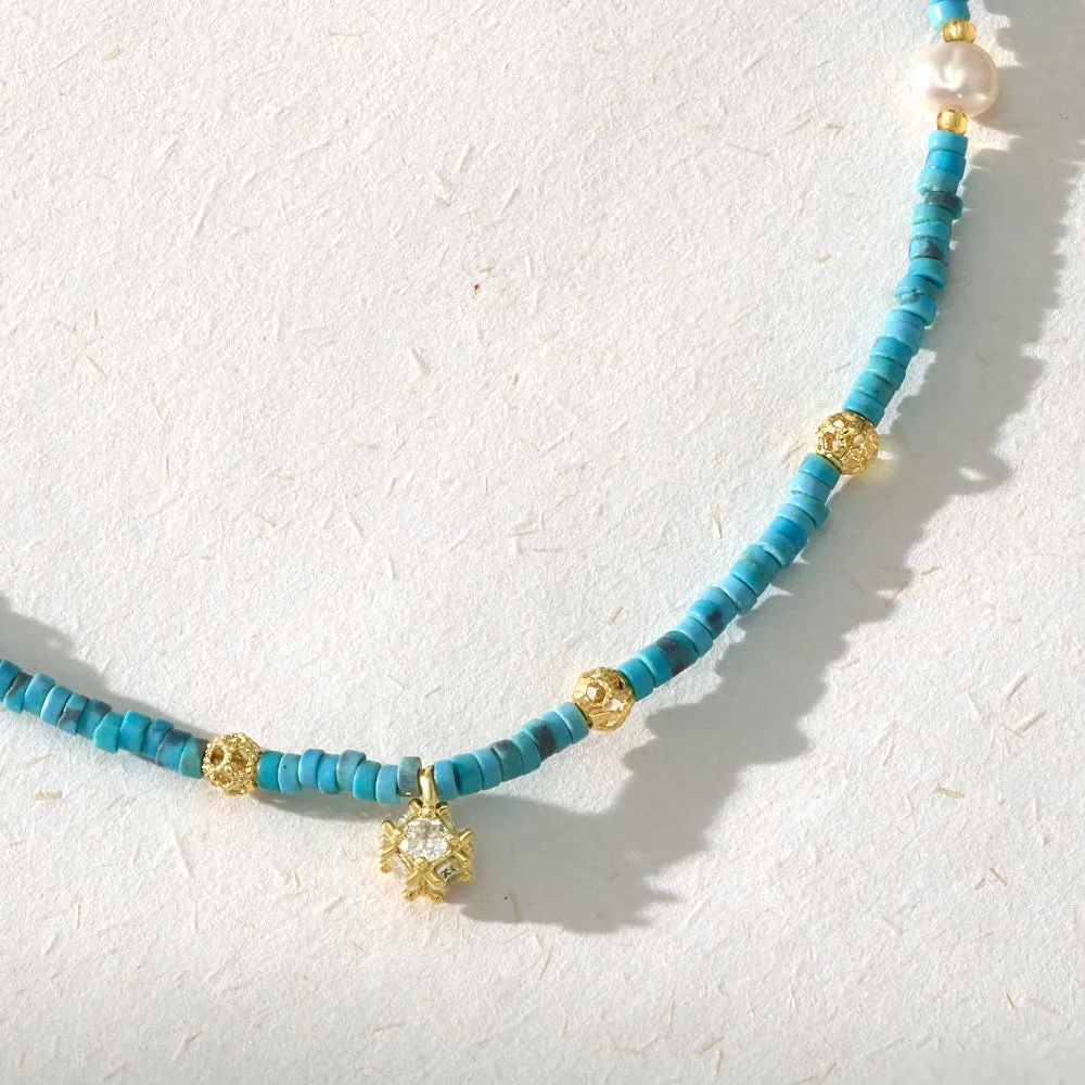 Turquoise Natural Stone Colorful Boho Seed Bead Necklace with CZ