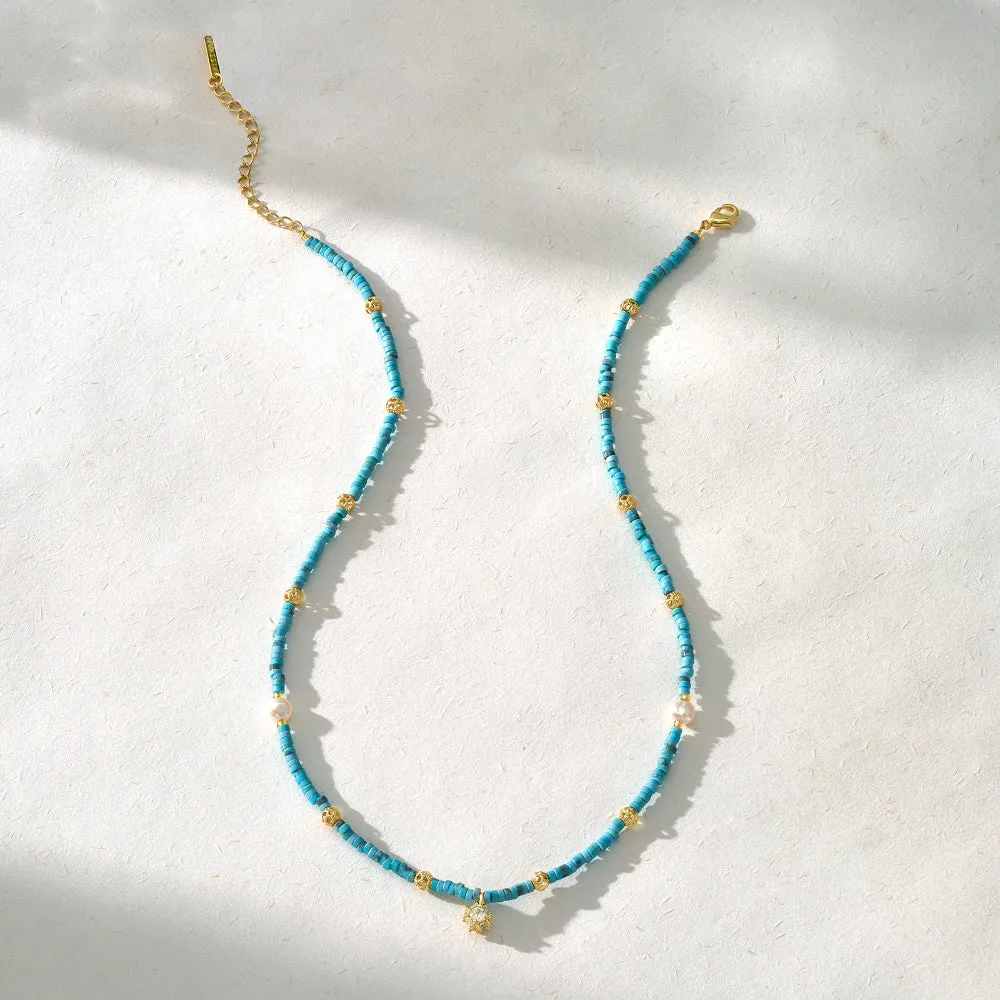 Turquoise Natural Stone Colorful Boho Seed Bead Necklace with CZ