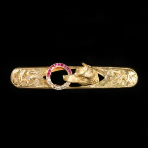 Victorian 18K Yellow Gold Ruby and Diamond Fox Bar Brooch