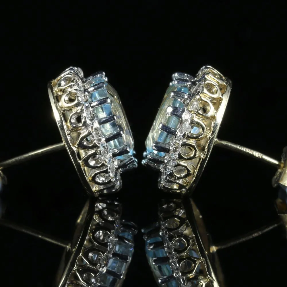 Victorian Style Blue Topaz Diamond Cluster Earrings 9ct Gold