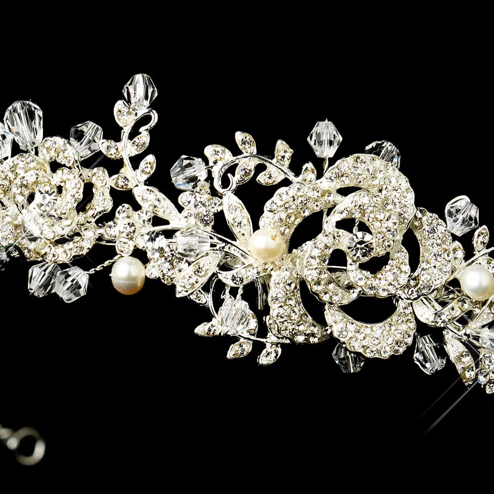 Vintage Inspired Crystal Encrusted Floral Rose Bridal Headpiece Tiara