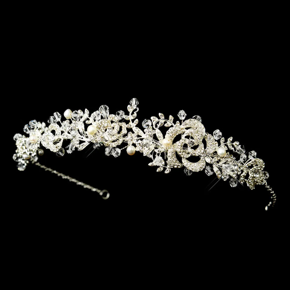 Vintage Inspired Crystal Encrusted Floral Rose Bridal Headpiece Tiara