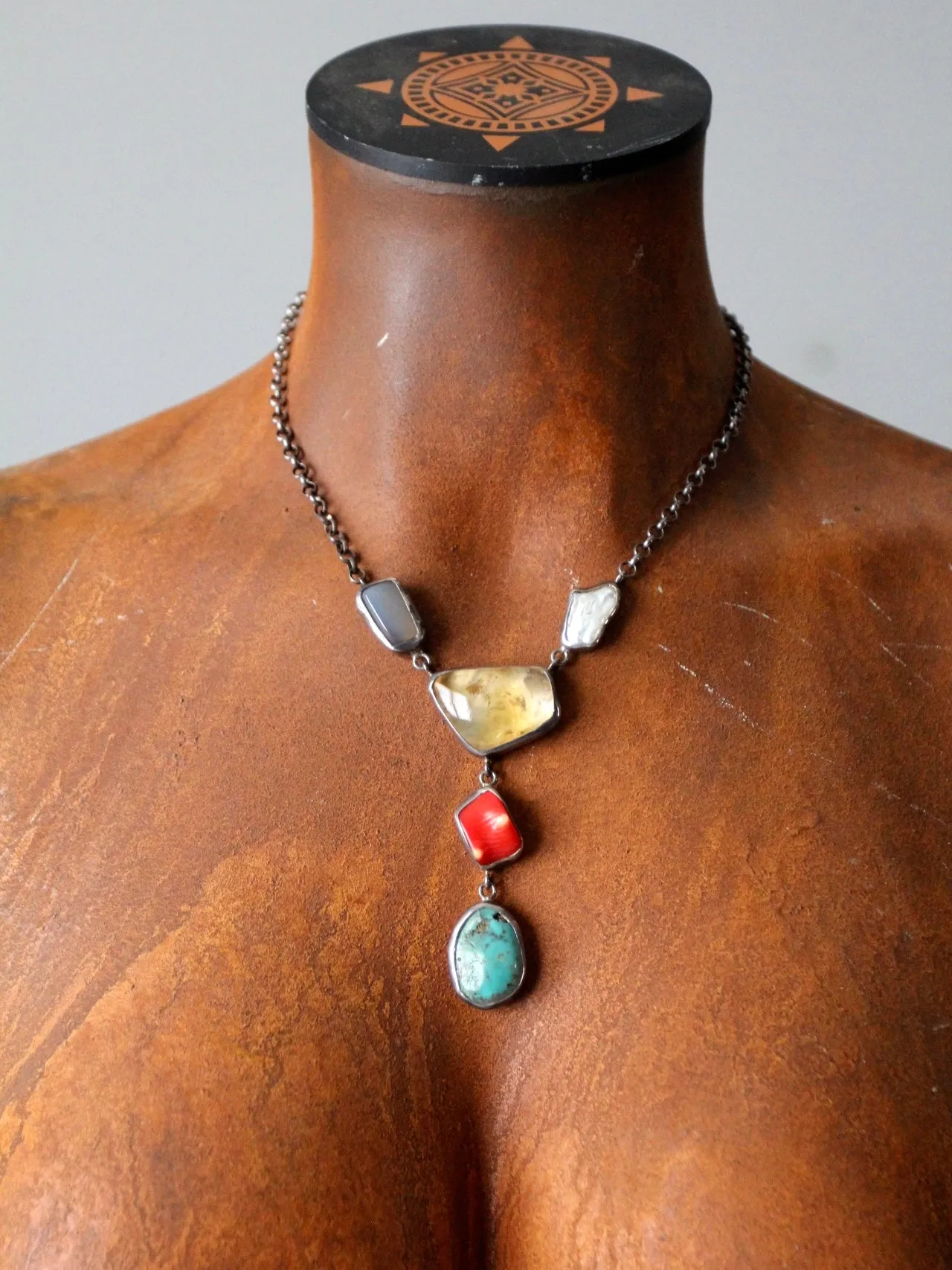 vintage mixed gemstone drop necklace