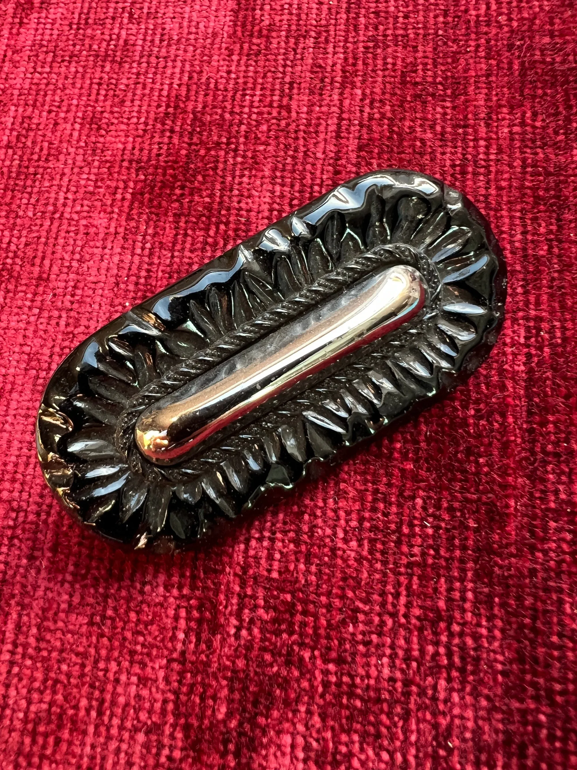 Vintage Pressed Black Glass Brooch  with Mirrored Centre