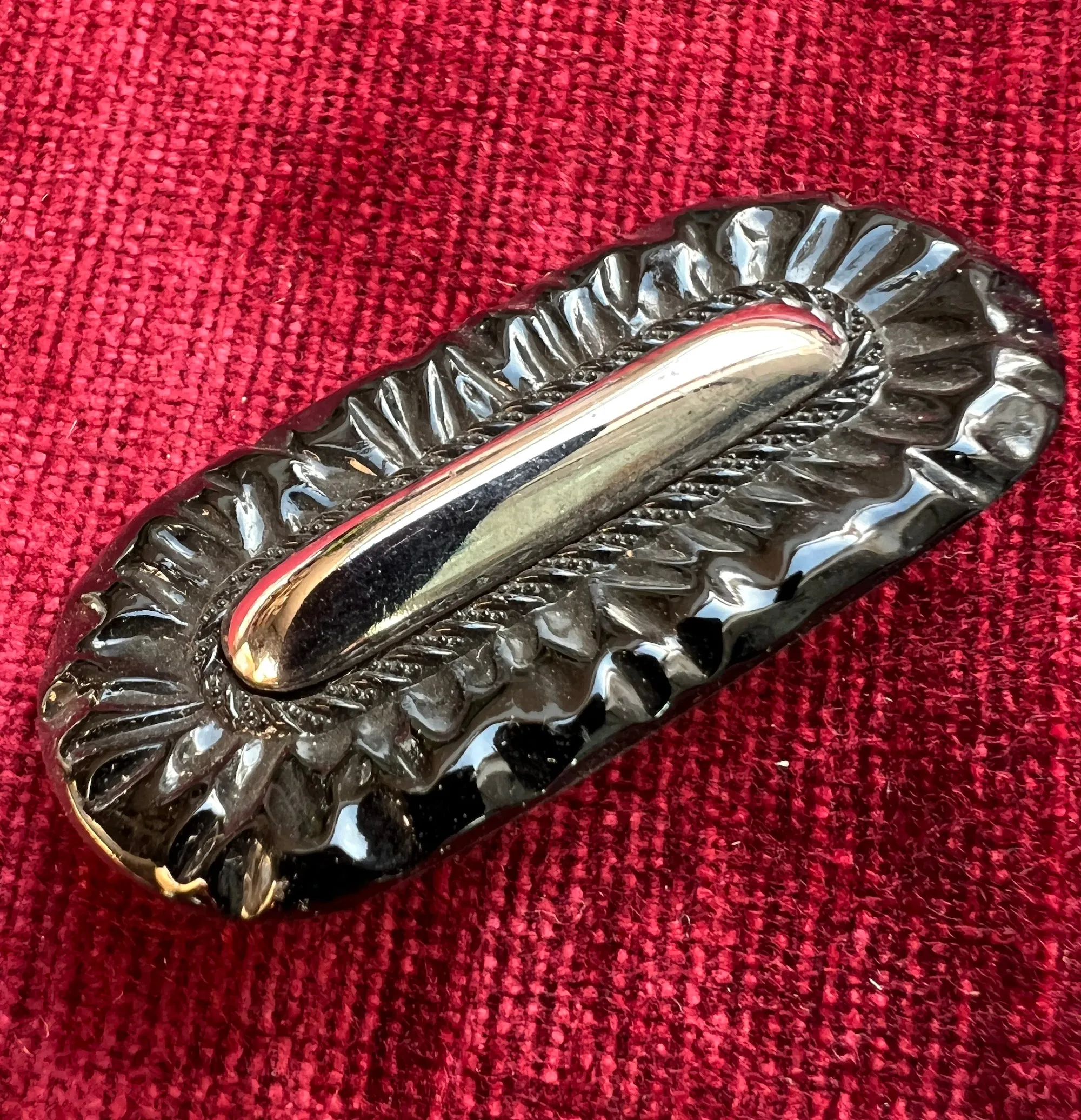 Vintage Pressed Black Glass Brooch  with Mirrored Centre