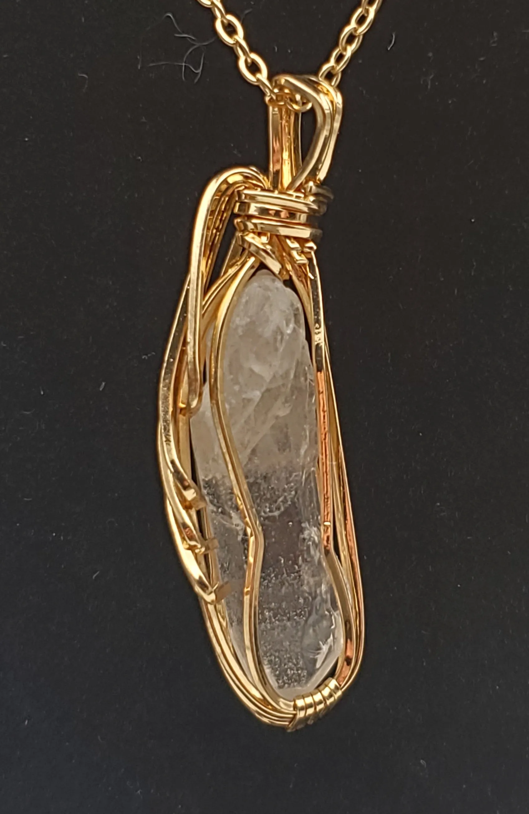 Vintage Wire Wrapped Quartz Crystal Point Pendant on Chain Necklace