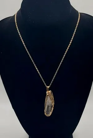 Vintage Wire Wrapped Quartz Crystal Point Pendant on Chain Necklace