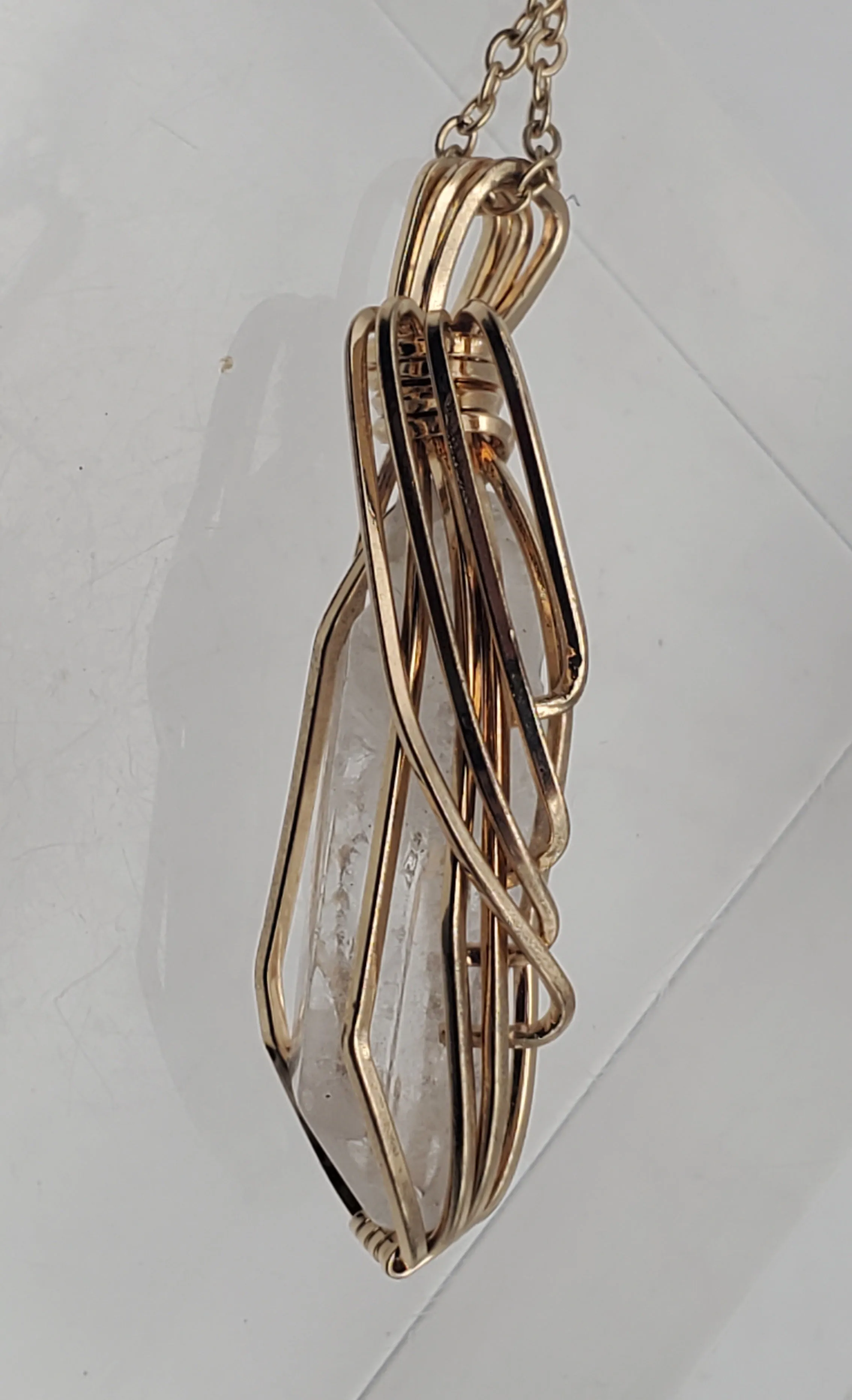 Vintage Wire Wrapped Quartz Crystal Point Pendant on Chain Necklace