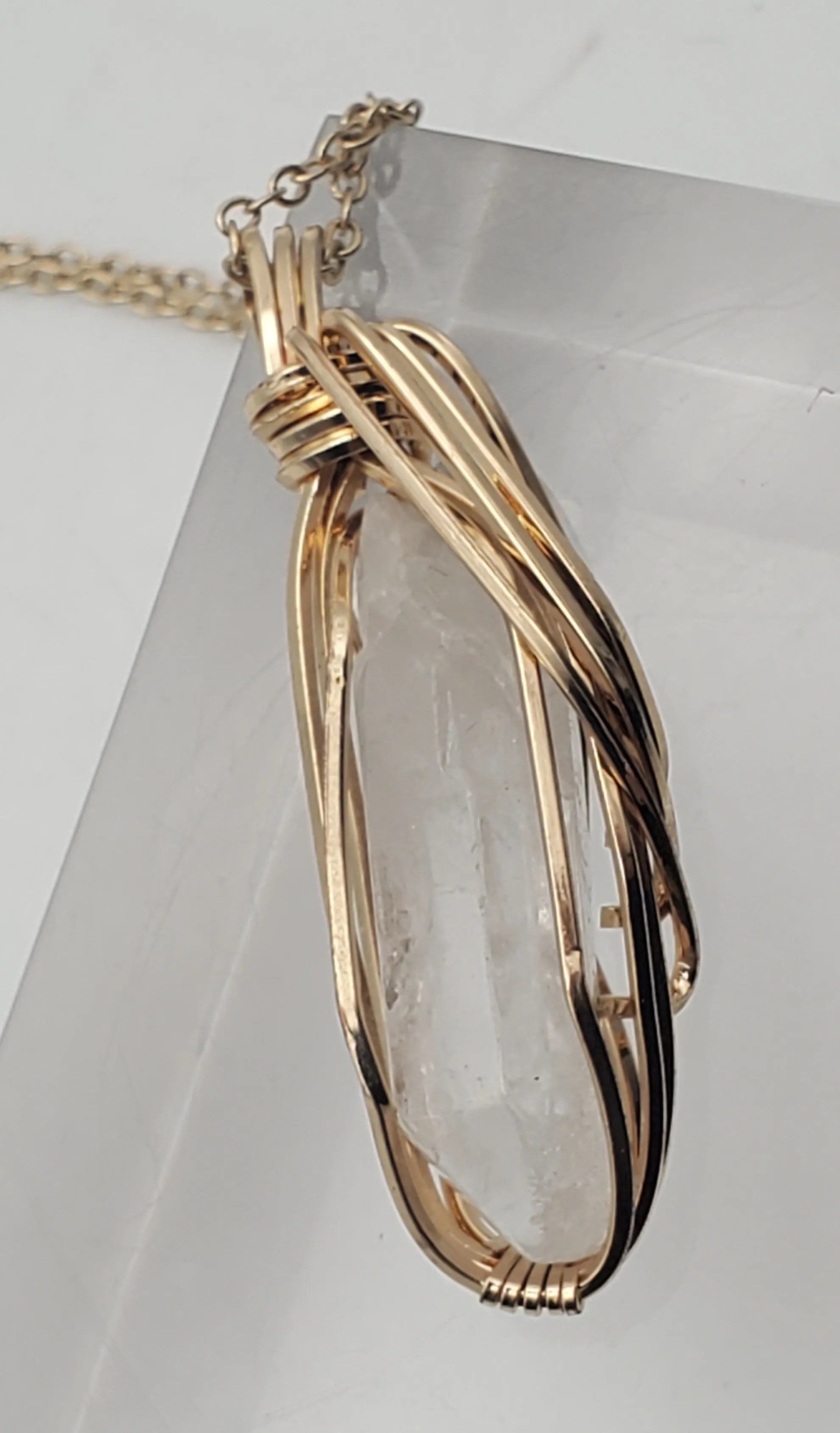 Vintage Wire Wrapped Quartz Crystal Point Pendant on Chain Necklace