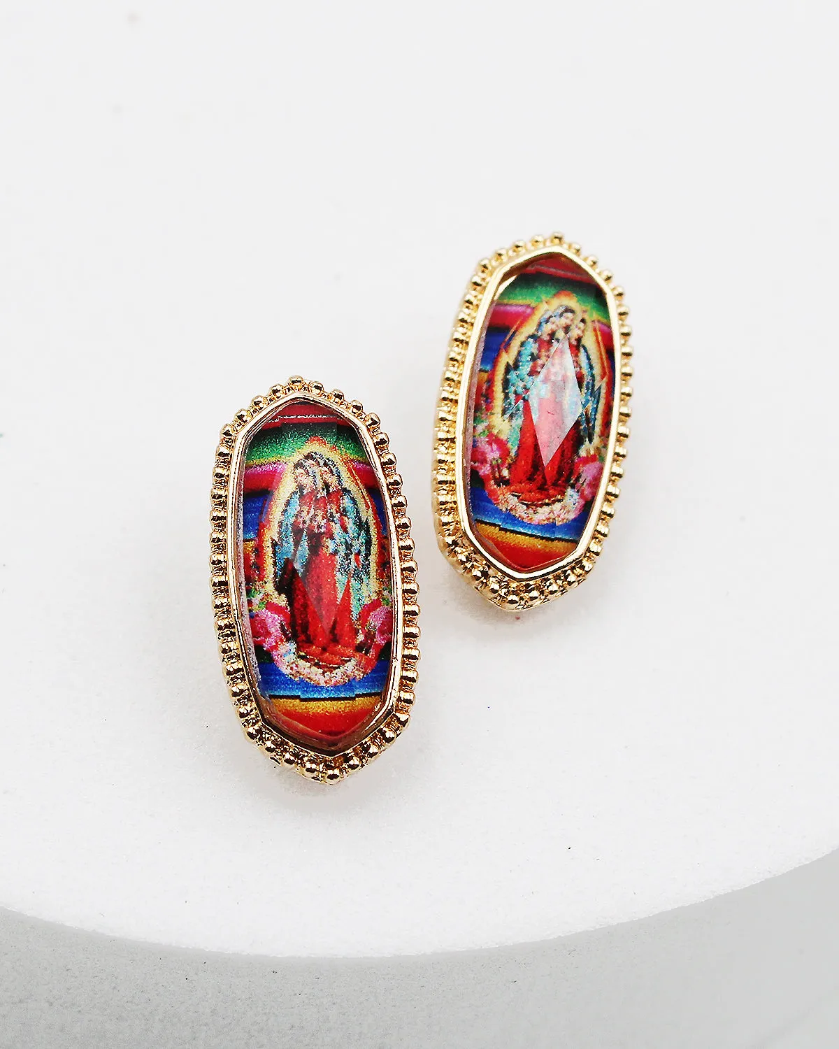 Virgin Mary Print Faceted Stud Earrings