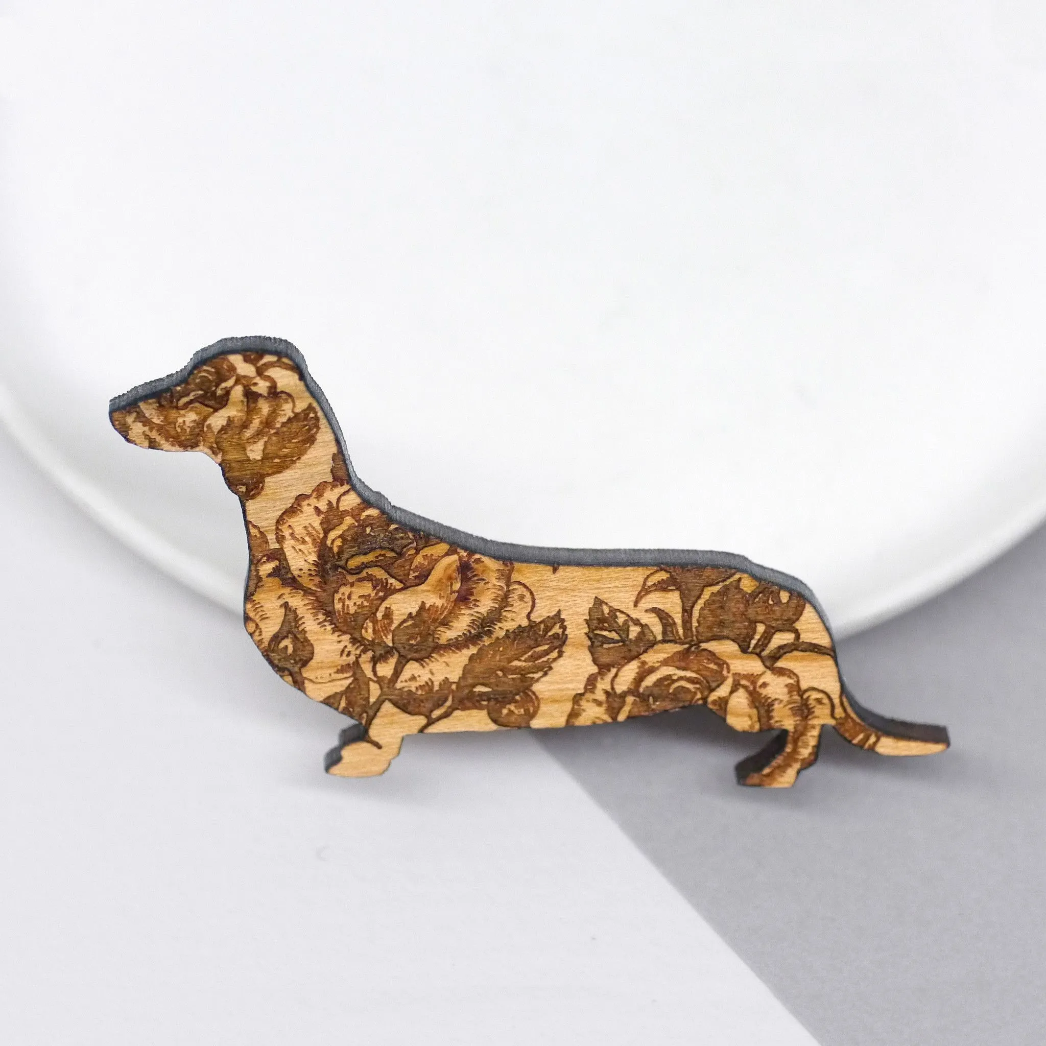 Wooden Rose Dachshund Brooch