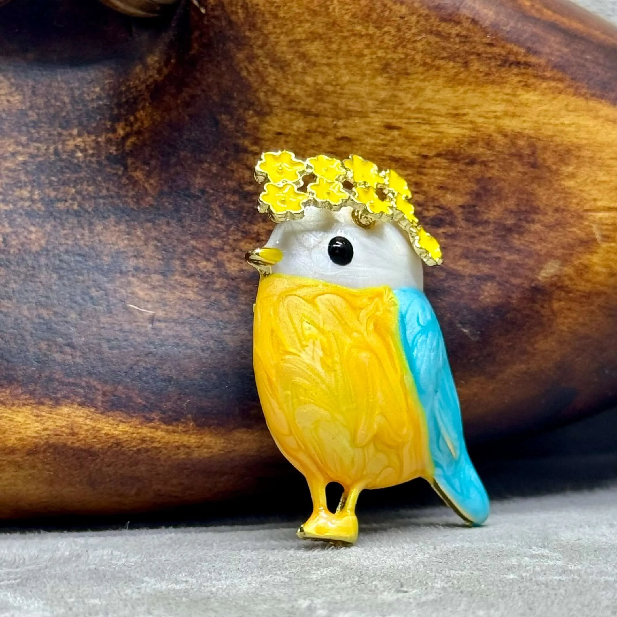 Wren With Flowers  Enamel Bird brooch